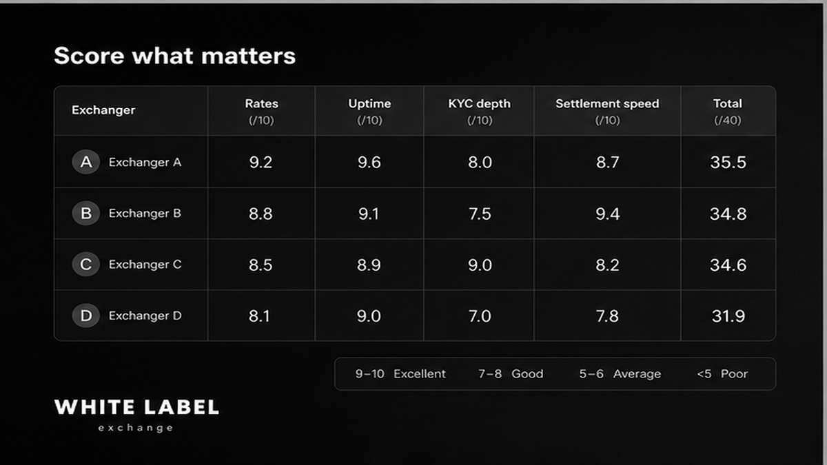 Grayscale scoring matrix: rates, uptime, KYC depth, settlement speed