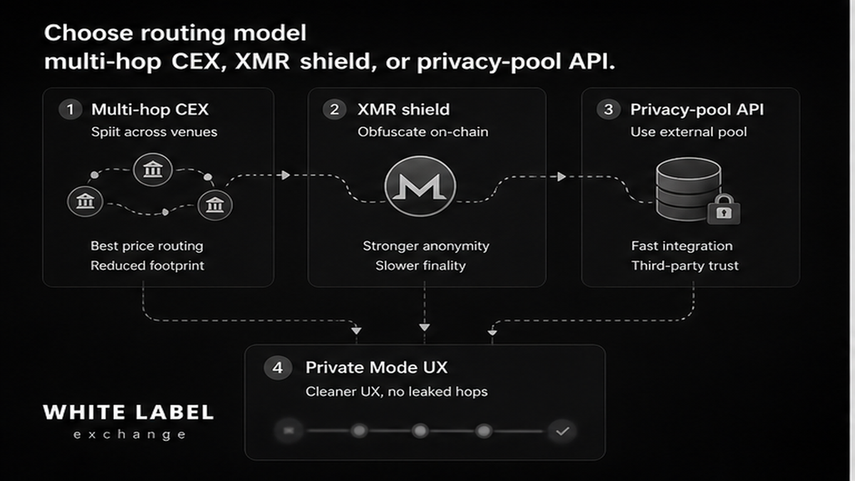 Grayscale workflow: multi-hop CEX vs XMR shield vs privacy-pool API routing