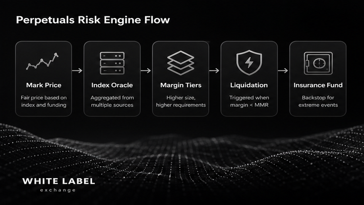 Grayscale infographic: mark/index oracles, margin, liquidation, and insurance fund