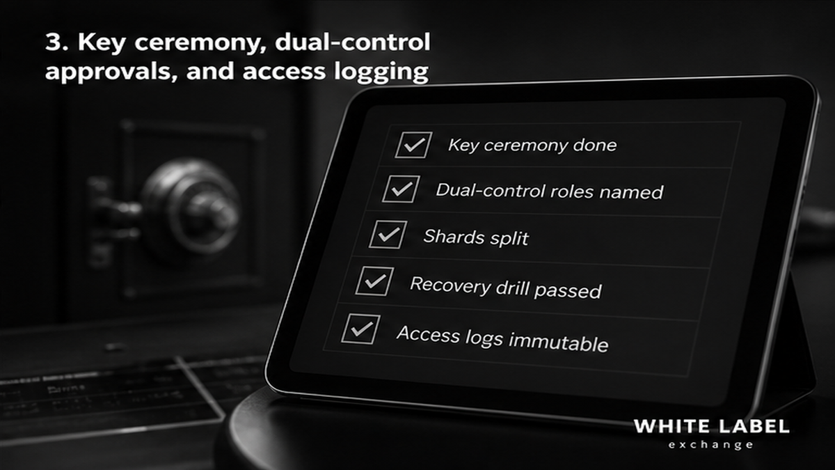 Grayscale checklist board: key ceremony, dual-control approvals, and access logging