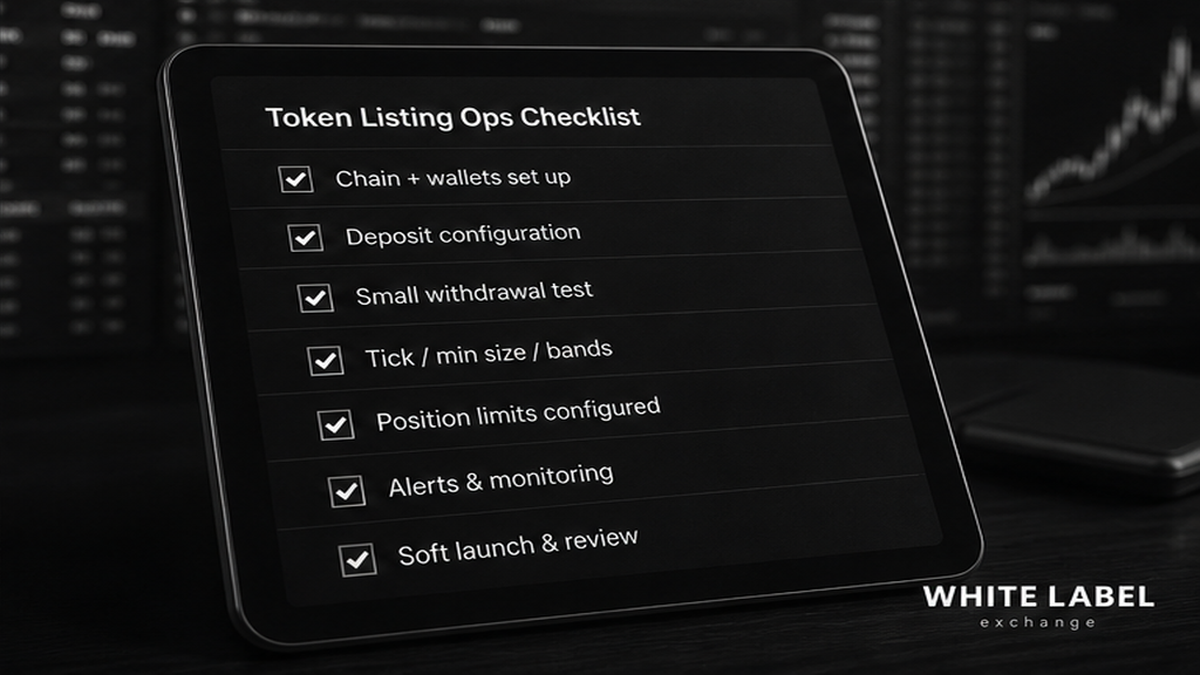 Grayscale checklist board: technical go-live steps before token listing announcement