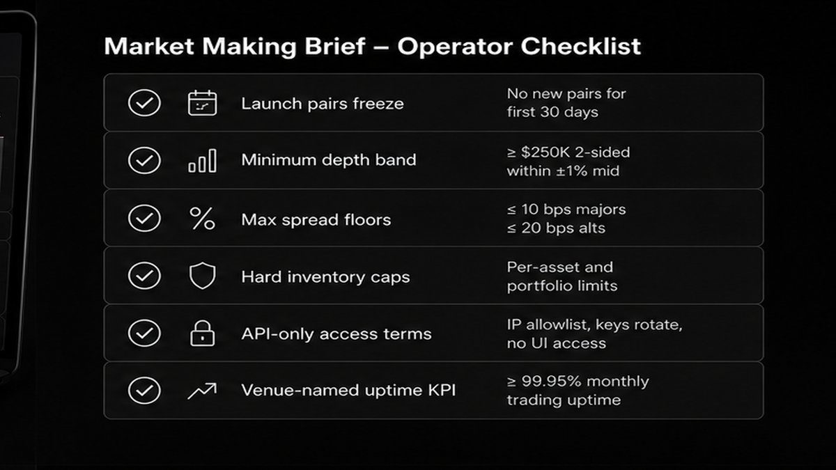Dark fintech MM brief checklist board listing pairs, depth, spread, inventory caps, API access, and venue KPI before hiring